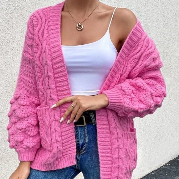 Open Front Pocketed Cable Knit Sweater Duster Cardigan Pink - Picture 6 of 6
